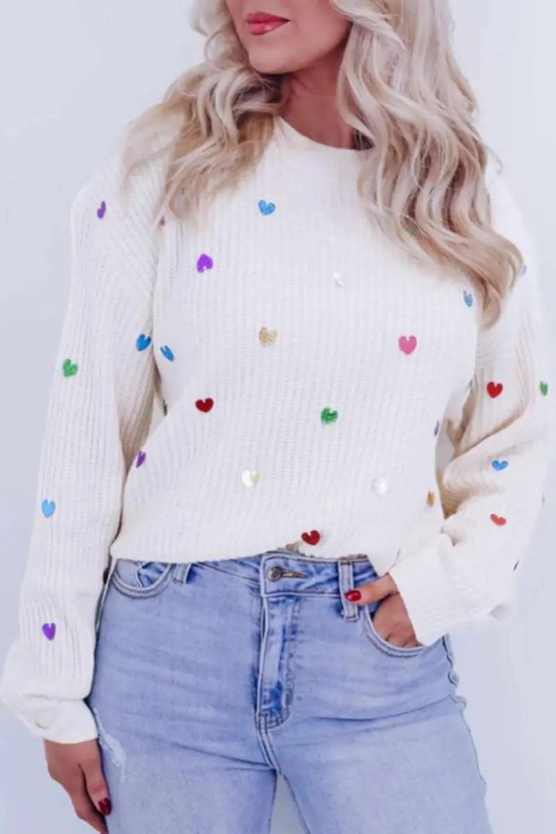 Heart Sequin Round Neck Long Sleeve Sweater - Love Salve